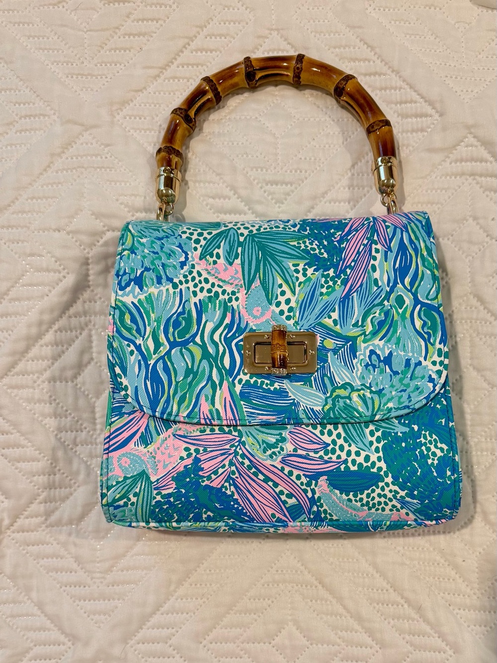 Lilly Pulitzer Bamboo Handle Hand Bag Botanical Green Holiday in the Sun